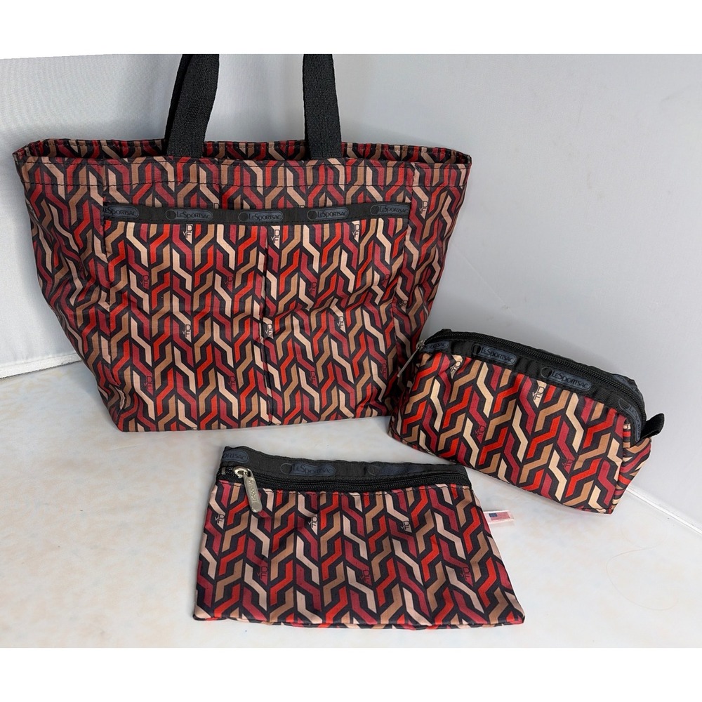 Diane von Furstenberg LeSportsac 3 Piece Set Tote Cosmetic Case Flat Pouch Red